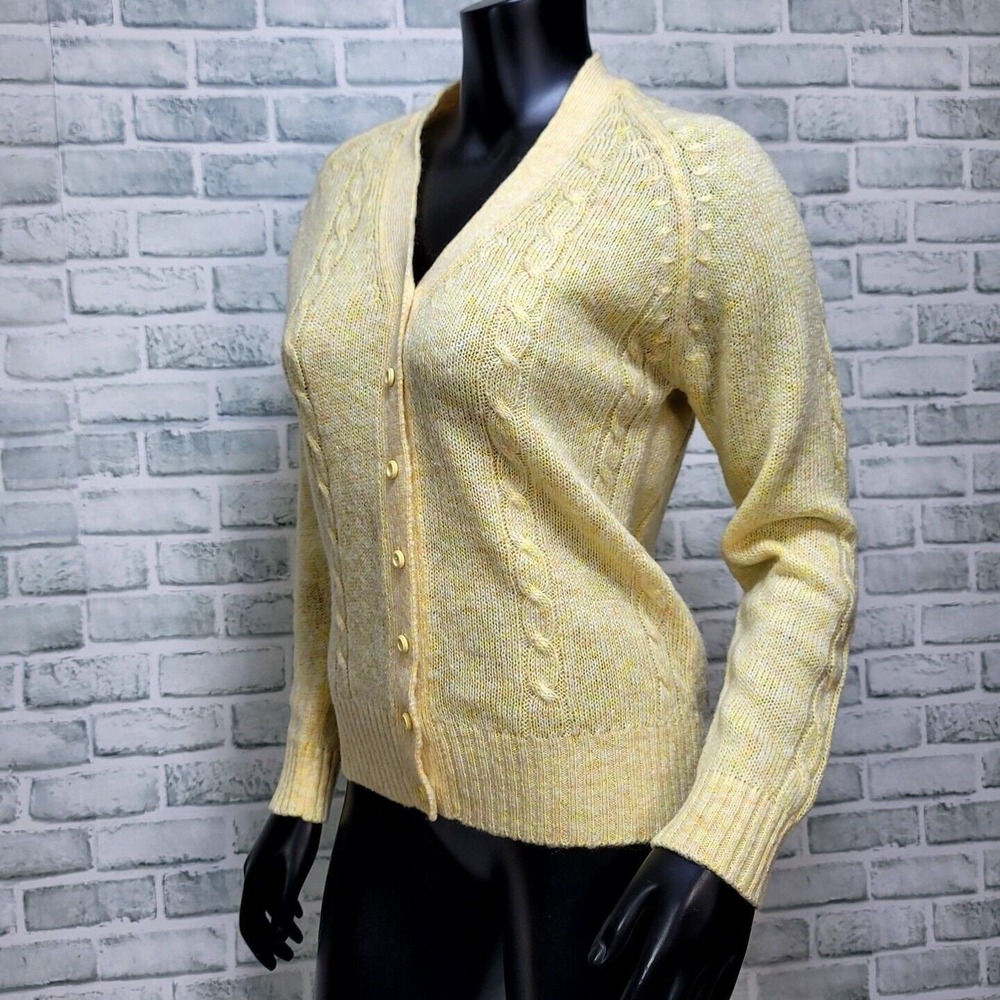 Vintage 70s Yellow Acrylic Cardigan Sweater Womens S Button Front‎ Cable Knit - Picture 3 of 7